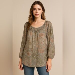 Vintage Y2k Retro Sheer Paisley Pintuck Peasant Blouse Tunic Beqch Boho Hippie M